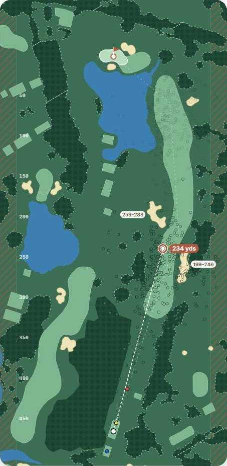 Map of hole 3 at The Belfry · Brabazon, par 5, with the planned tee shot and simulated shots