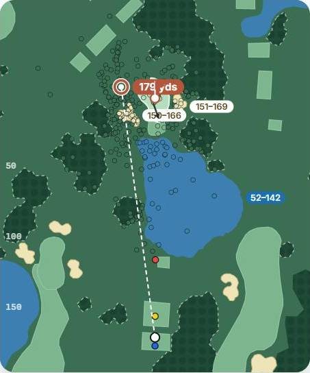Map of hole 7 at The Belfry · Brabazon, par 3, with the planned tee shot and simulated shots