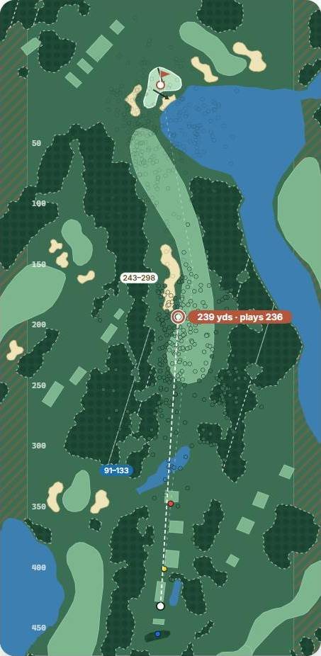 Map of hole 9 at The Belfry · Brabazon, par 4, with the planned tee shot and simulated shots