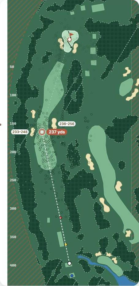 Map of hole 11 at The Belfry · Brabazon, par 4, with the planned tee shot and simulated shots