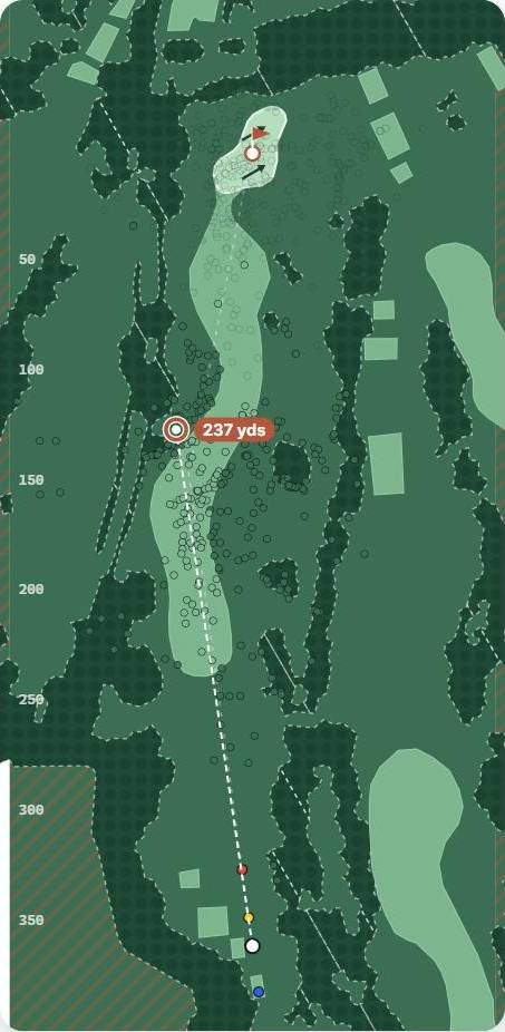 Map of hole 13 at The Belfry · Brabazon, par 4, with the planned tee shot and simulated shots