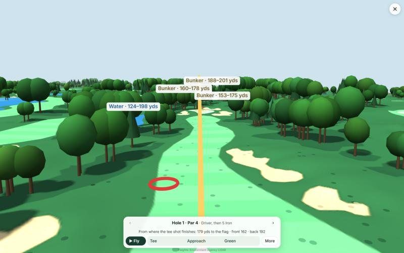 3D view of the approach on hole 1, with bunker and water distances