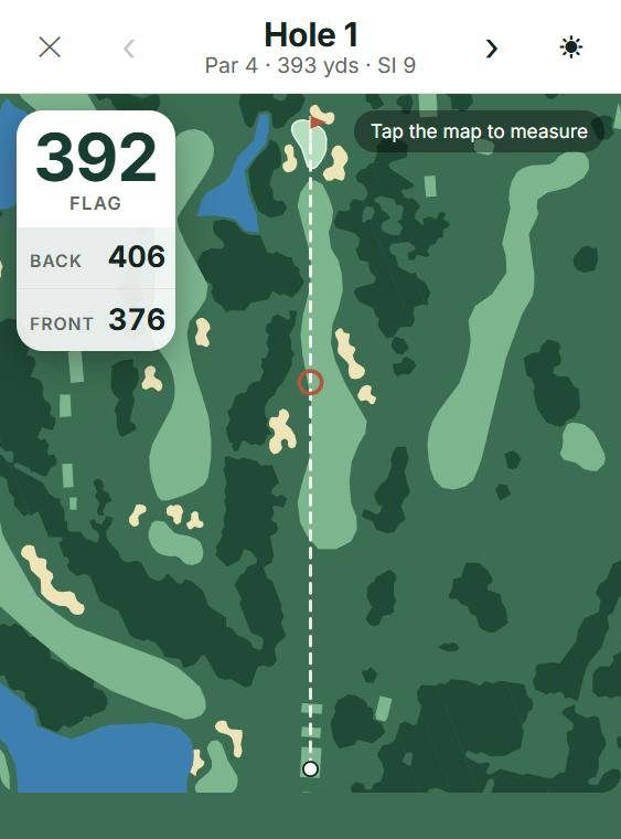 Play a round on a phone: 392 yards to the flag, 406 to the back, 376 to the front